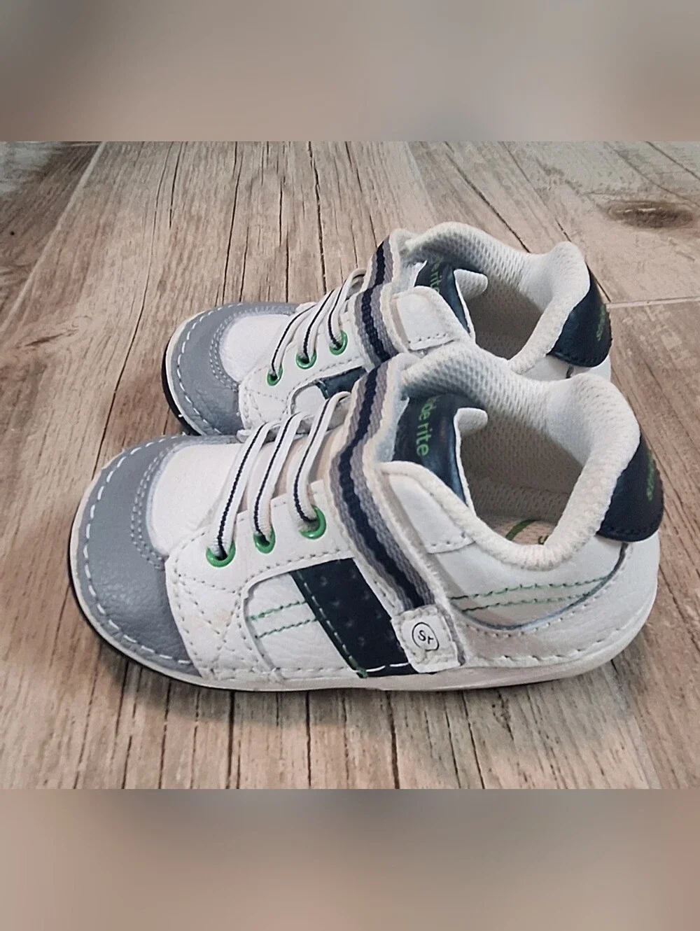 Stride Rite Toddler Sneakers Size 5.5W White Gray Navy Green Hook & Loop Walking